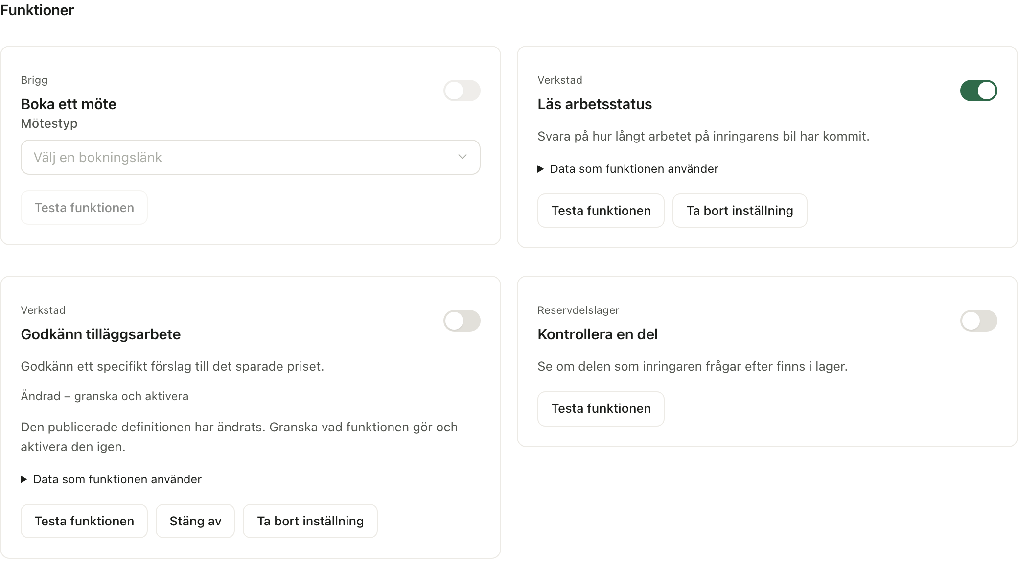 Välj vilka funktioner verkstaden erbjuder på telefon och granska ändringar innan du aktiverar dem.